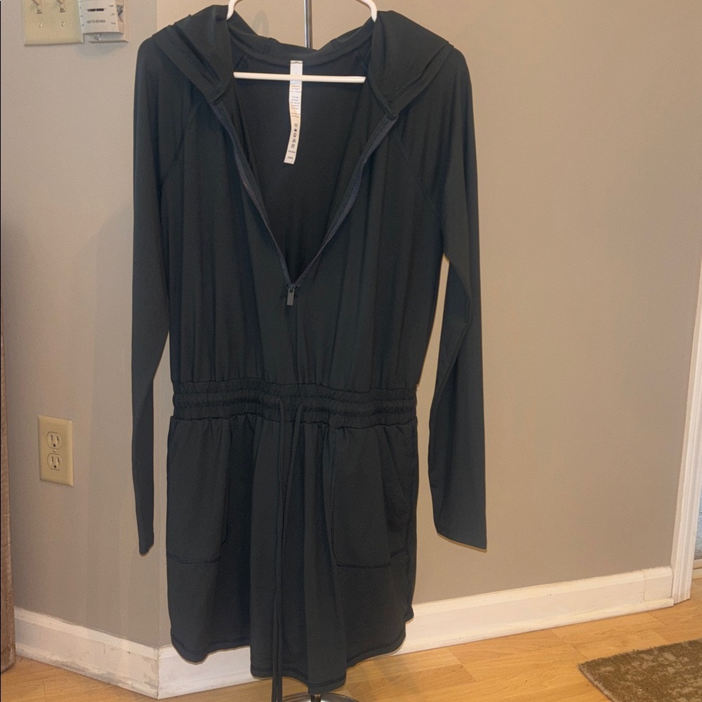 Getting Out Long Sleeve Hooded Zip-Up Athleisure Dress Romper Large Dark Green - Picture 9 of 12